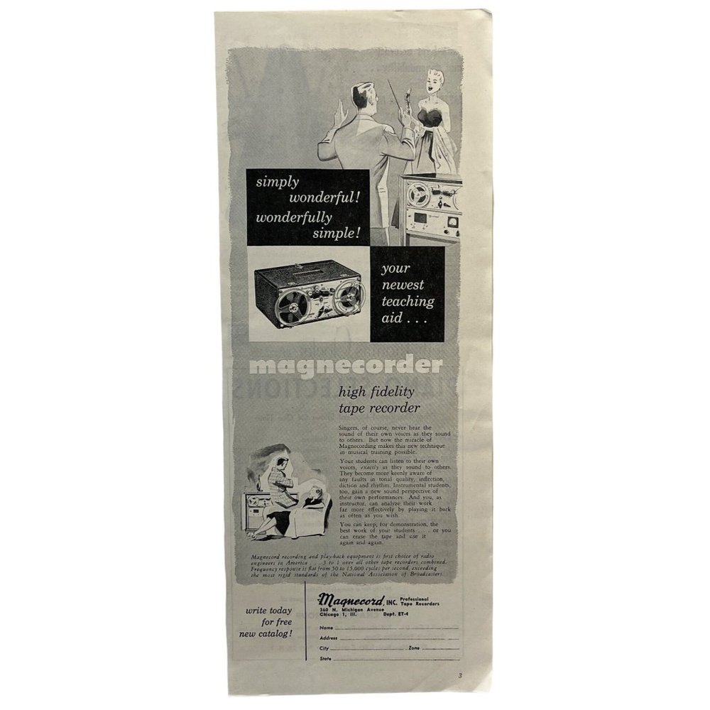 Magnecorder High Fidelity Tape Recorder Vintage Print Ad 1952 Magnecord